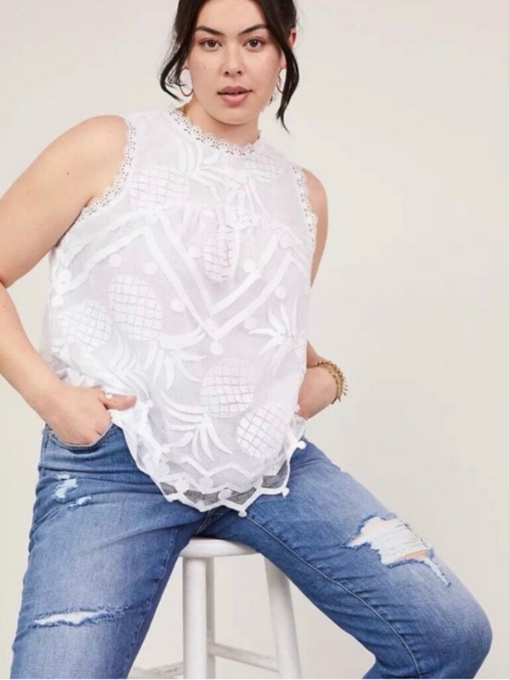 Maeve Anthropologie White Sleeveless Pineapple-Embroidered Lace Trim Blouse 3759